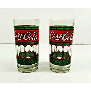 Tiffany Style Stained Glass Coke Coca Cola Glasses Red & Green Set of 2 Vintage